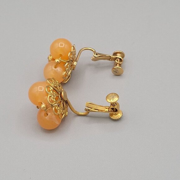 Hobe Vintage Triple Beaded Earrings Clip On Orange Gold Tone Signed - Picture 5 of 8